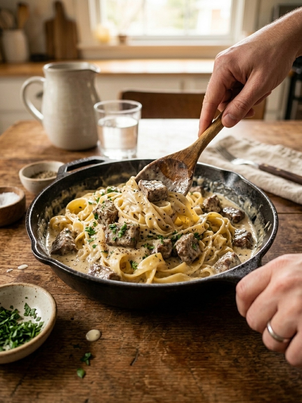 Step by step preparation of Creamy Beef Pasta
