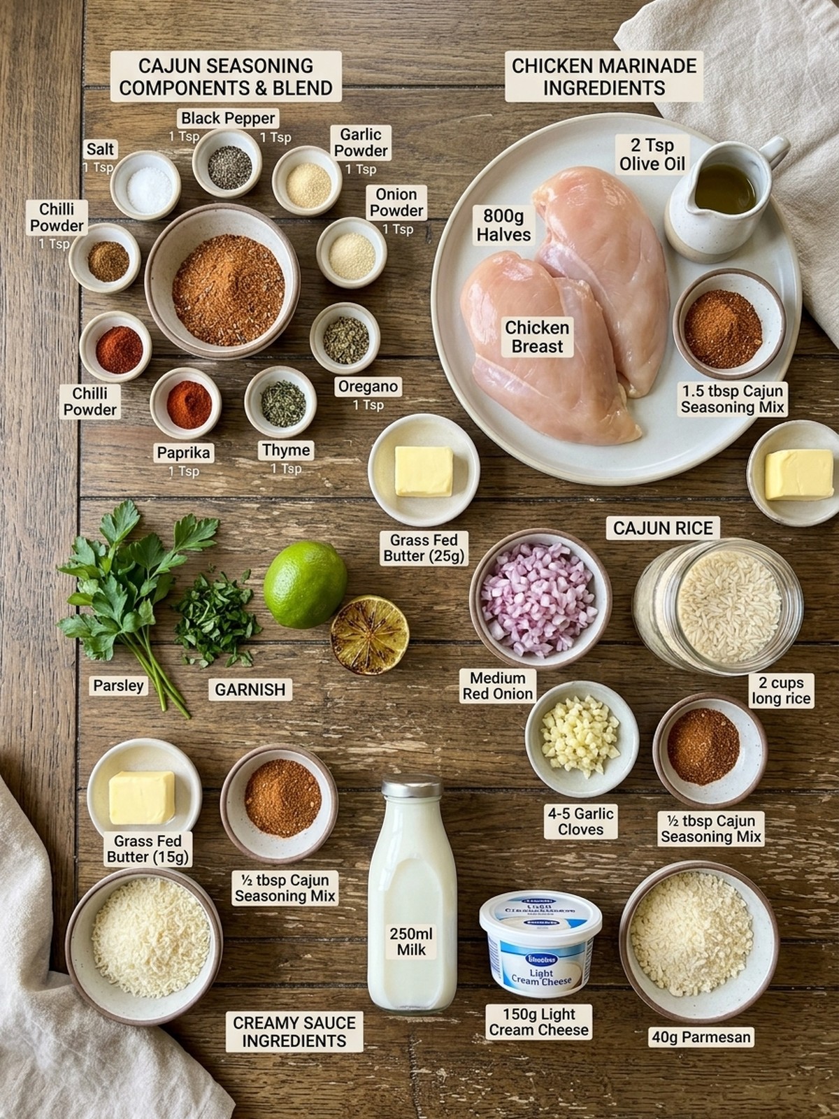 Creamy Cajun Chicken with Garlic Rice ingredients arranged for cooking