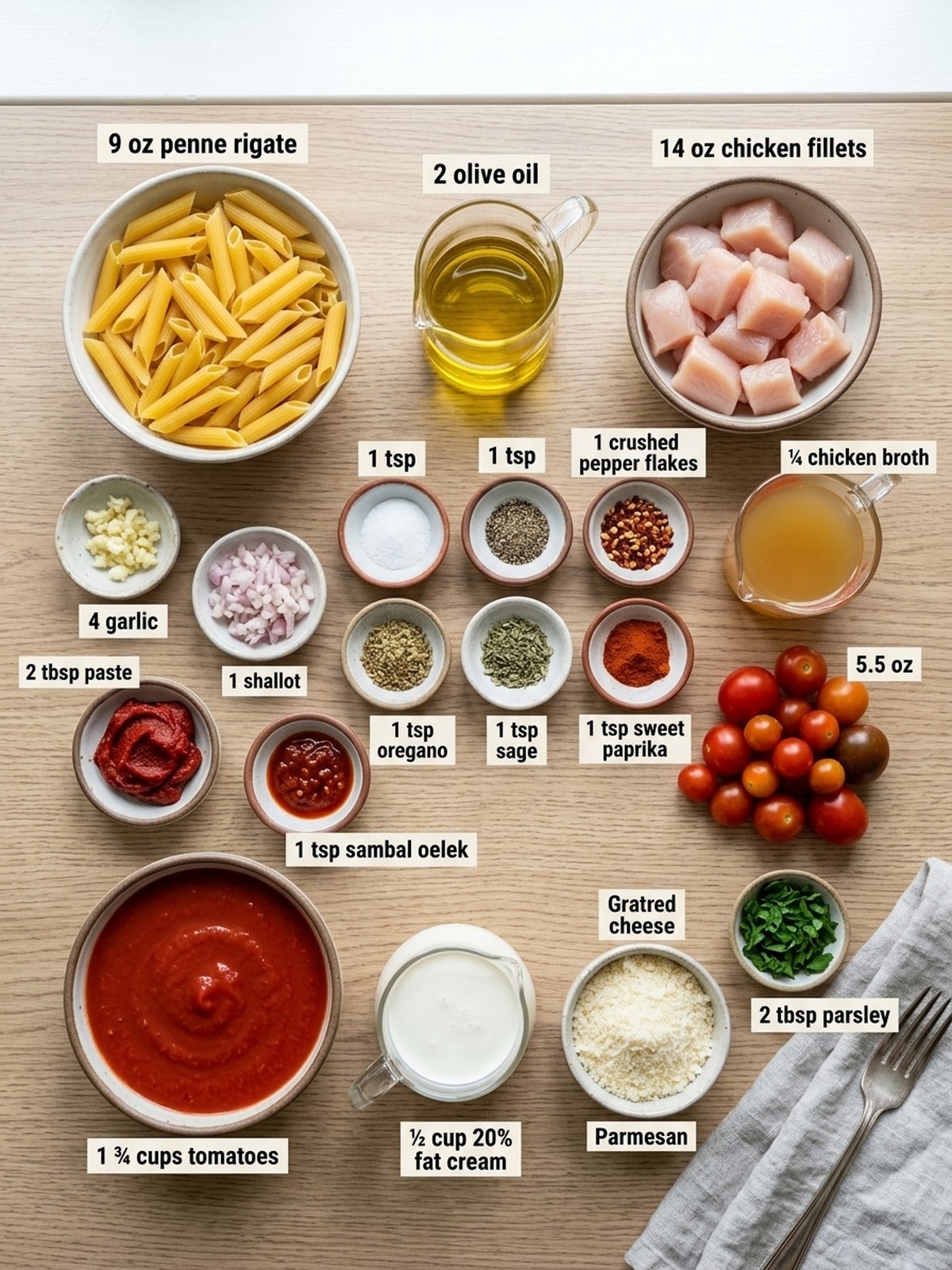 Creamy Chicken all’Arrabbiata ingredients arranged for cooking