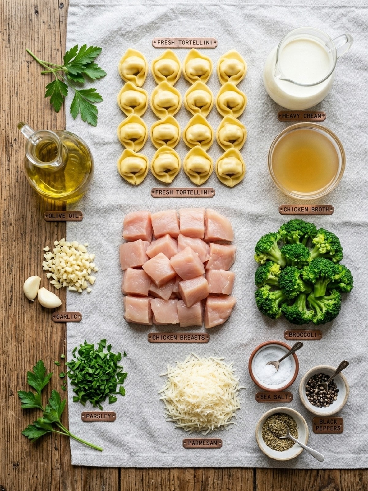 Creamy Chicken Tortellini With Broccoli ingredients arranged for cooking