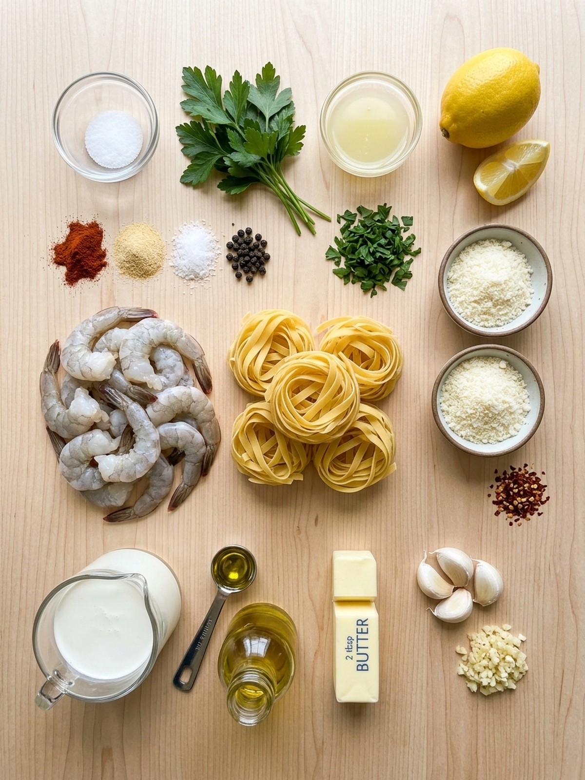 Creamy Garlic Shrimp Pasta ingredients arranged for cooking