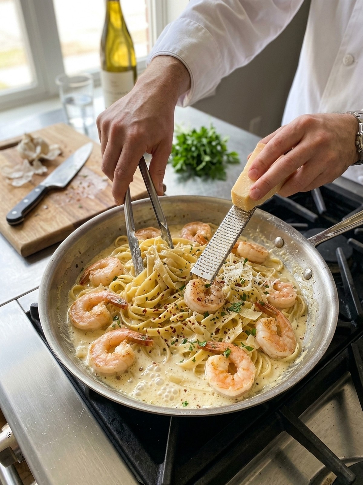 Step by step preparation of Creamy Garlic Shrimp Pasta