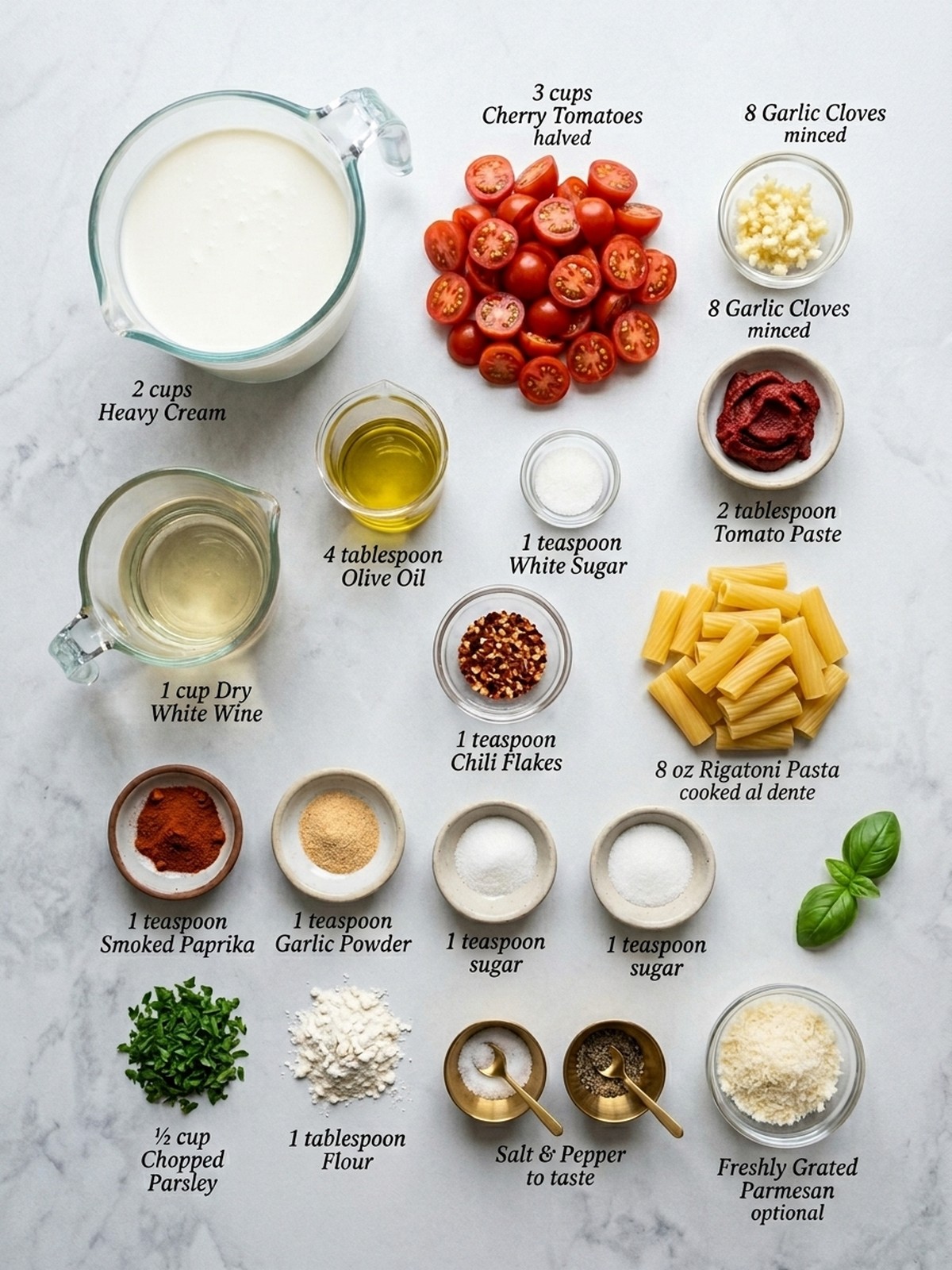 Creamy Garlic Tomato Pasta ingredients arranged for cooking