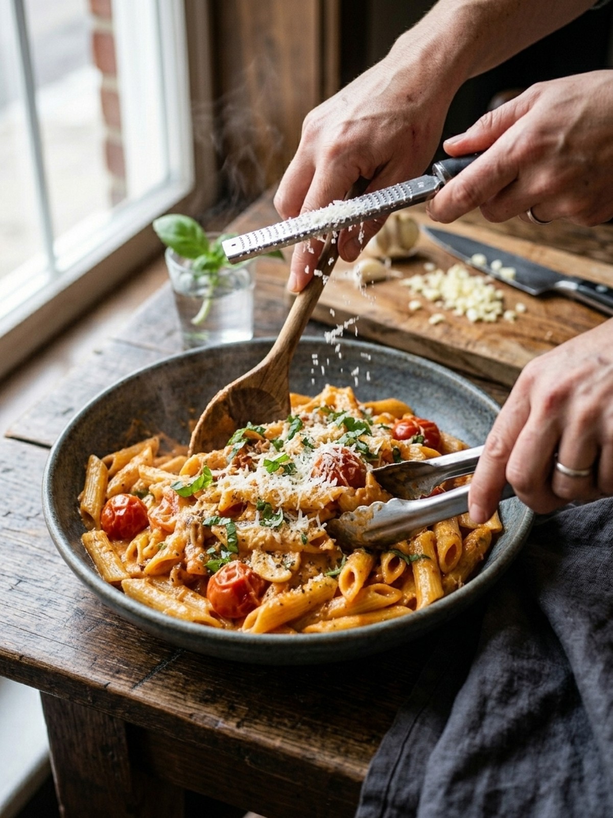 Step by step preparation of Creamy Garlic Tomato Pasta