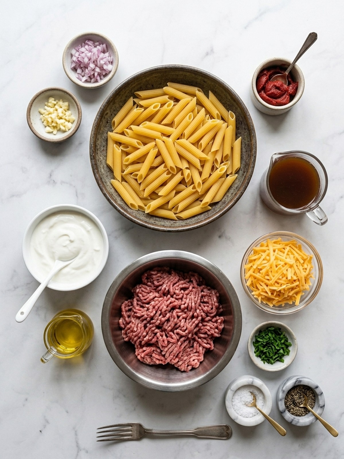 Creamy High Protein Beef Pasta ingredients arranged for cooking