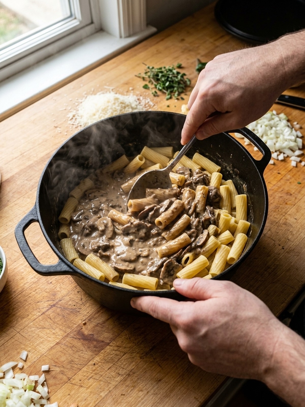 Step by step preparation of Creamy High Protein Beef Pasta