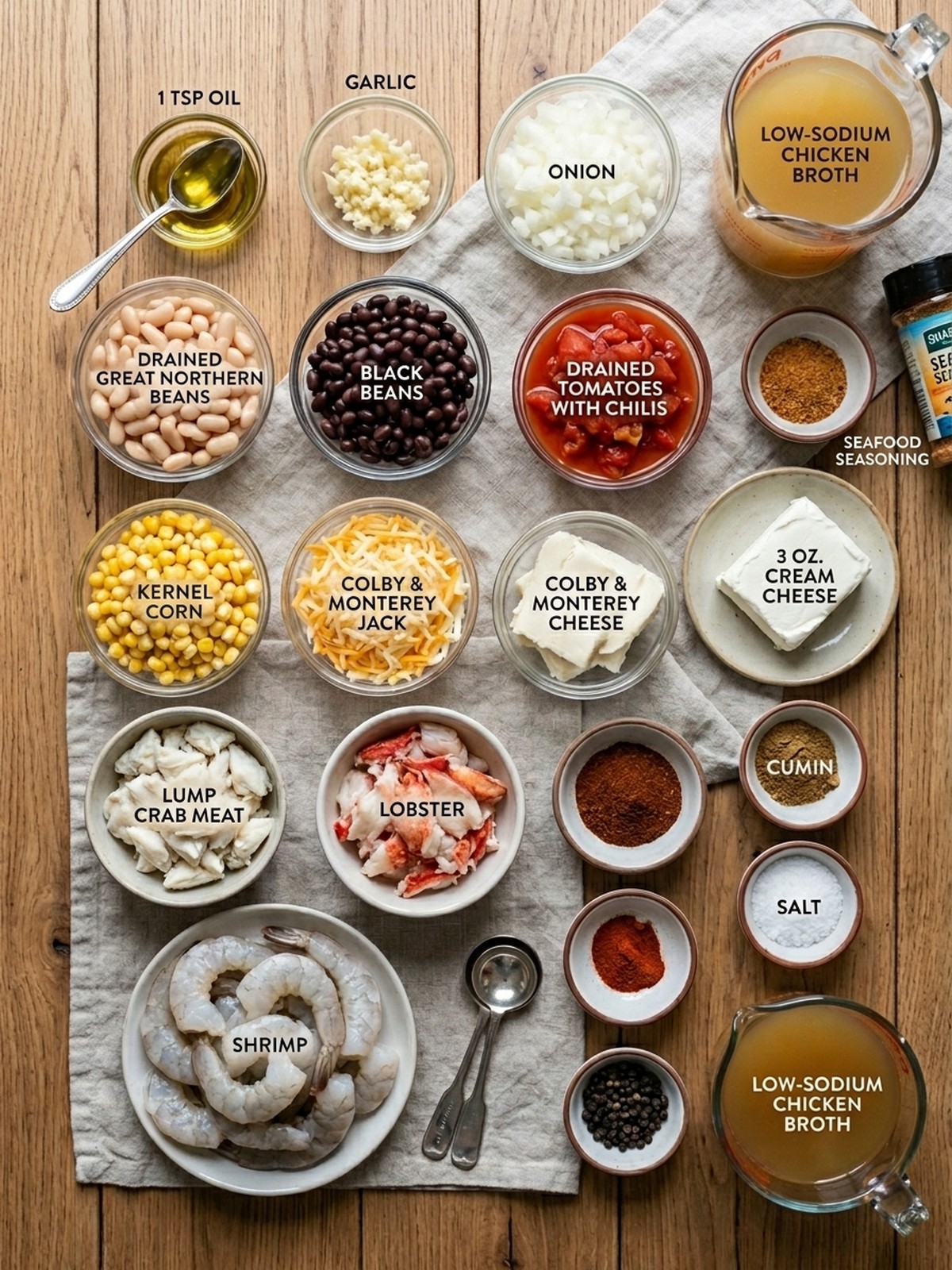 Creamy Seafood and Shrimp Chili ingredients arranged for cooking