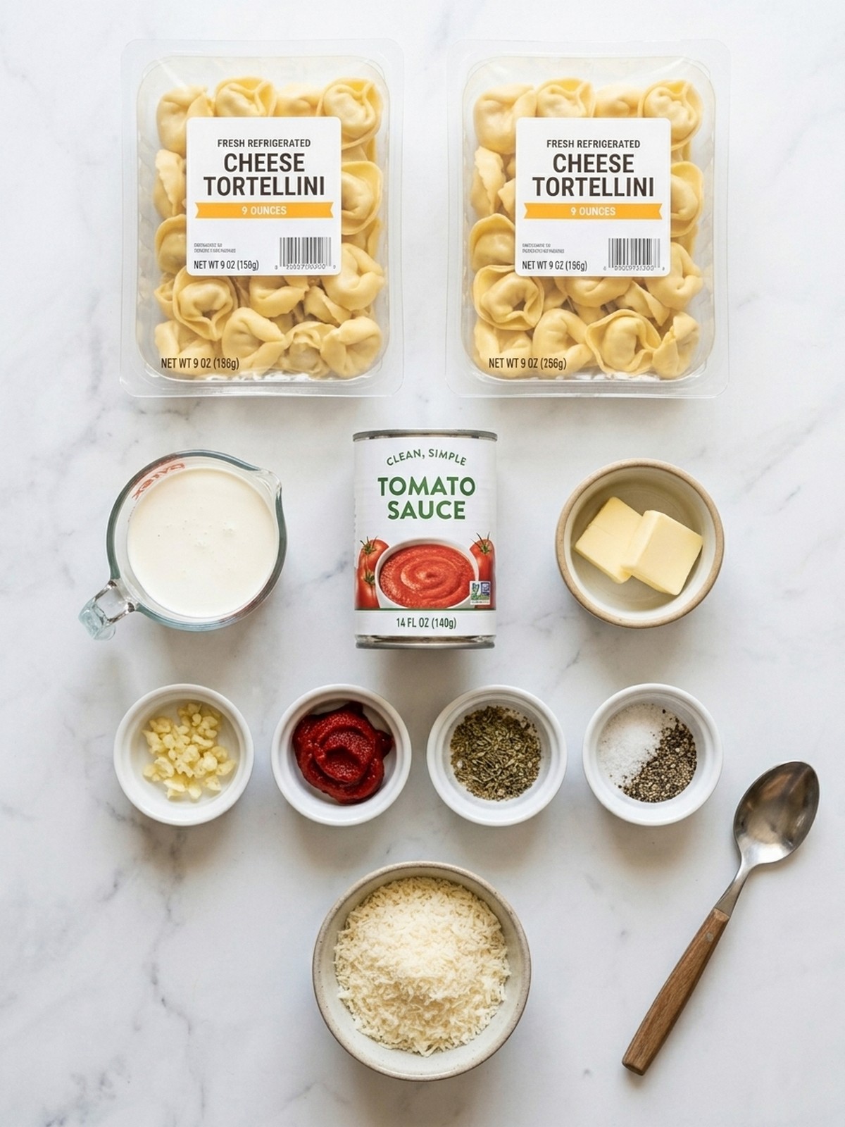 Creamy Tomato Tortellini ingredients arranged for cooking