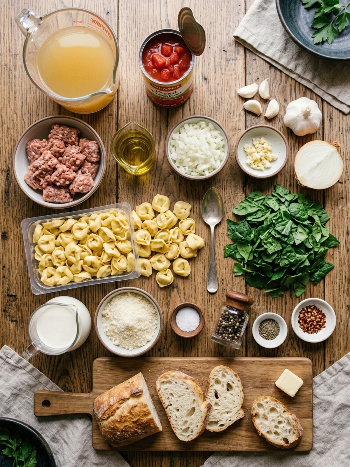 Creamy Tortellini Soup ingredients with sausage tortellini spinach cream and Parmesan