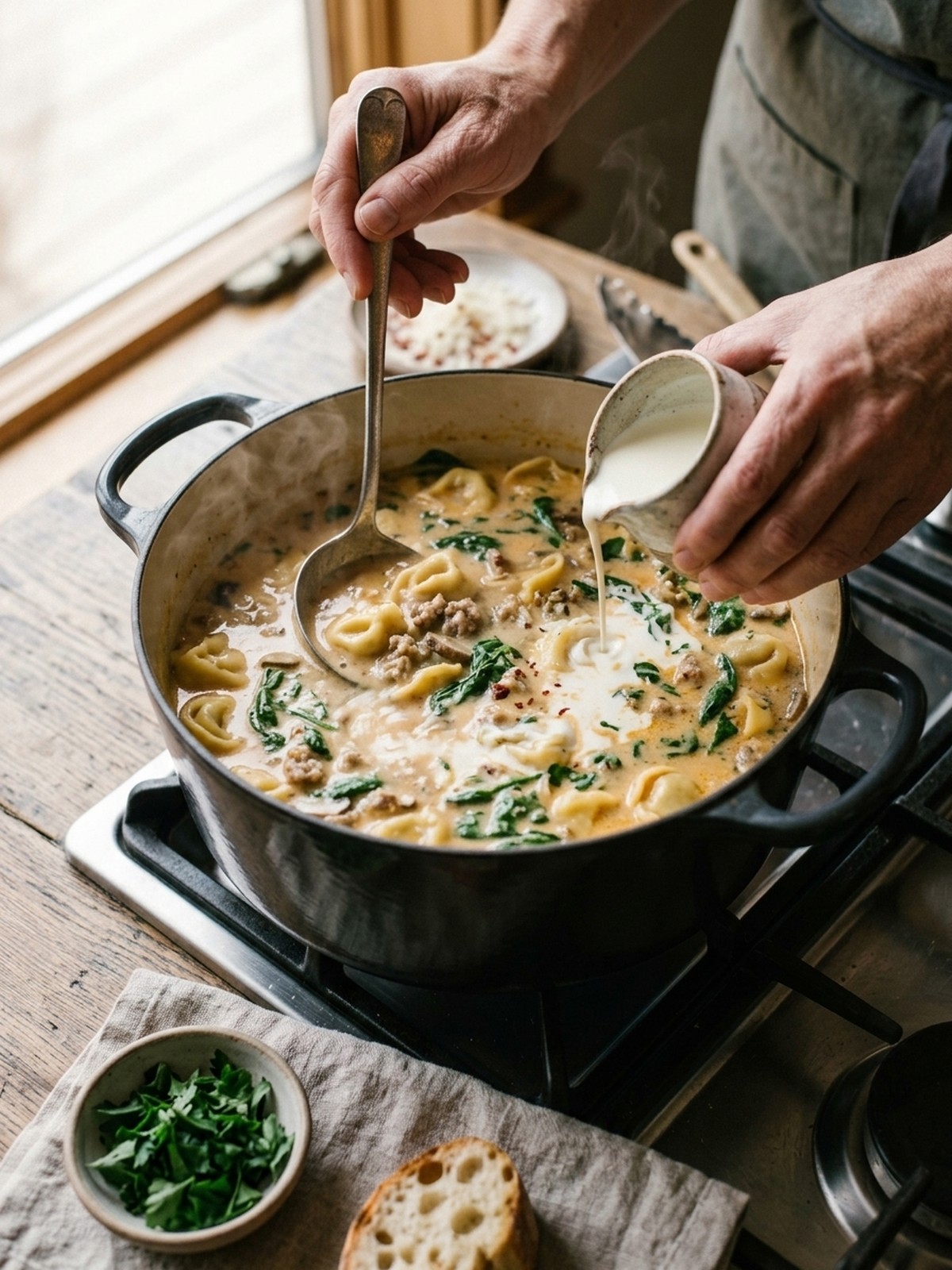 Step by step preparation of Creamy Tortellini Soup in a soup pot