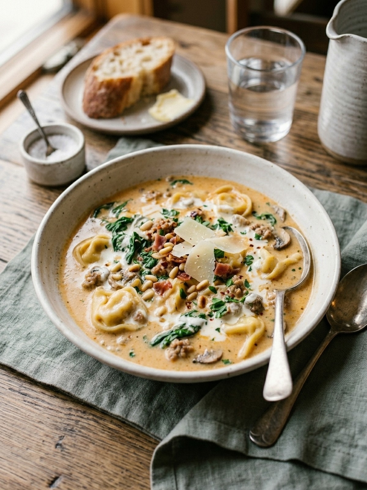 Serving and variation ideas for Creamy Tortellini Soup with bread