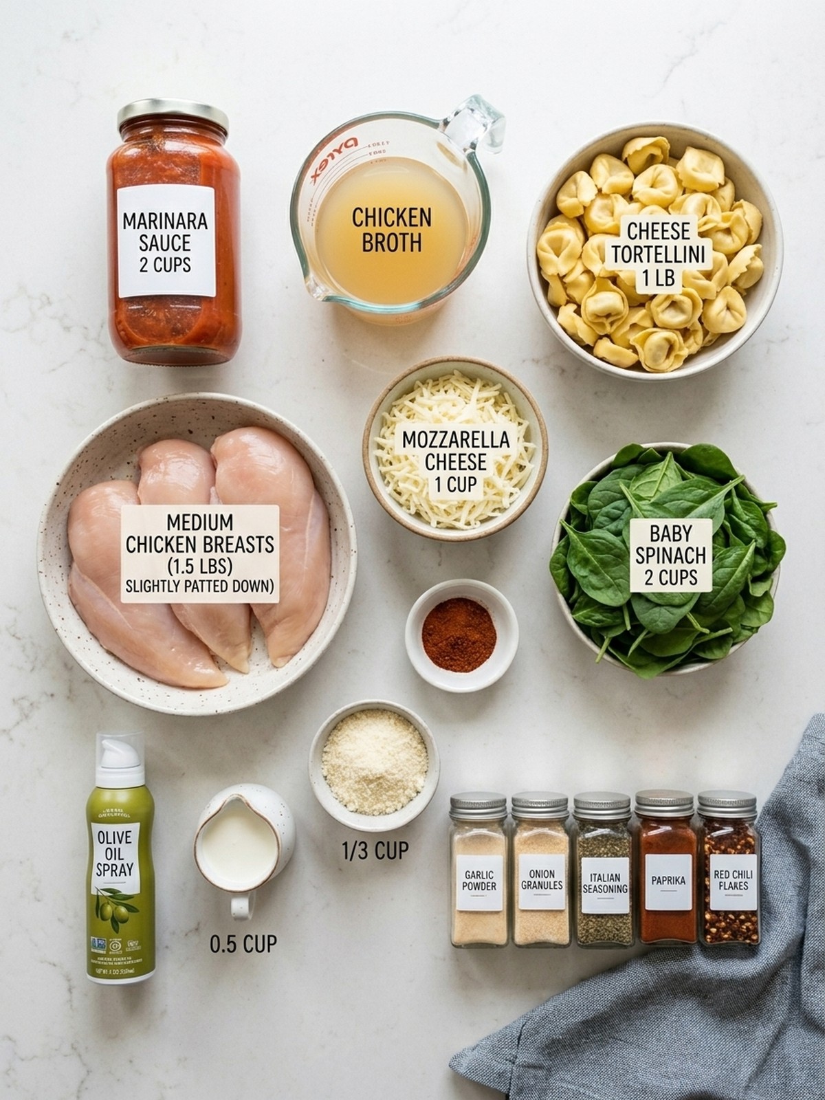 Crockpot Chicken Tortellini ingredients arranged for cooking