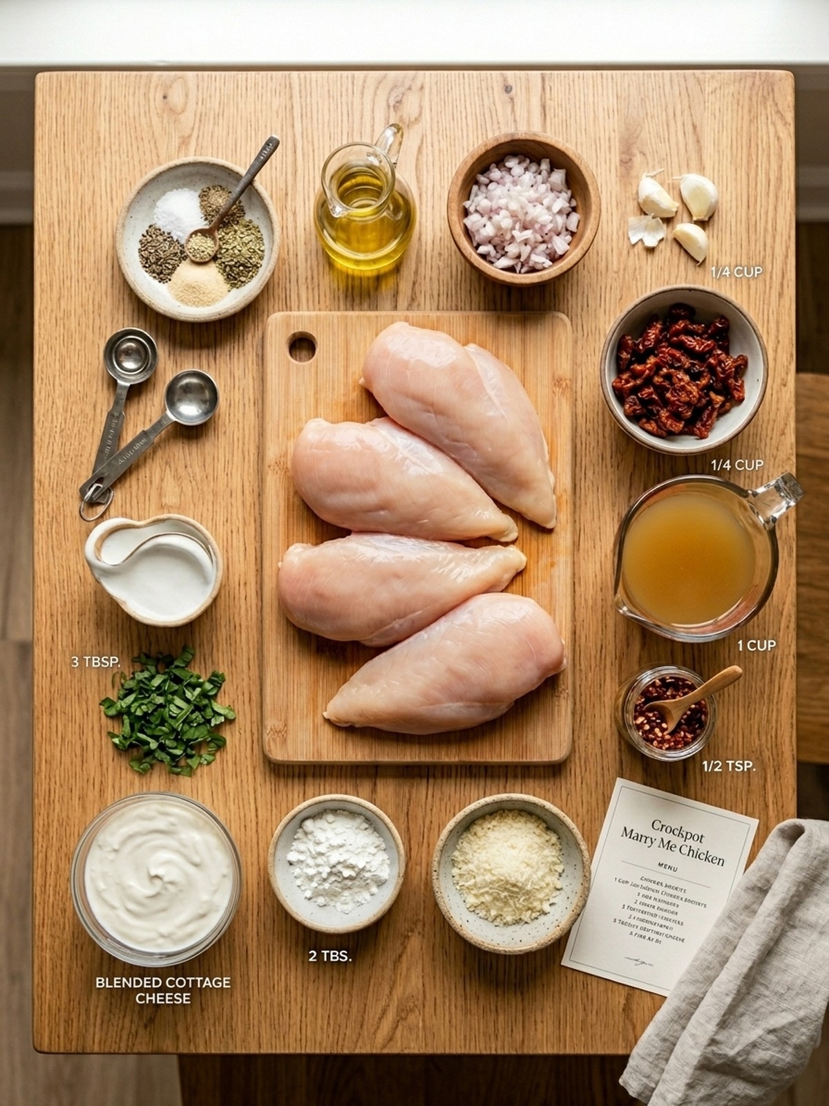 Crockpot Marry Me Chicken ingredients arranged for cooking