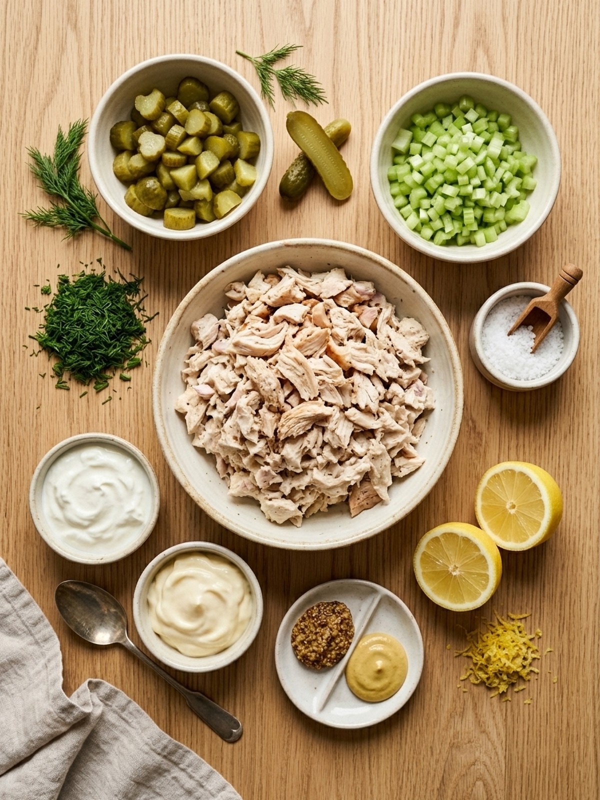 Dill Pickle Chicken Salad ingredients arranged for mixing