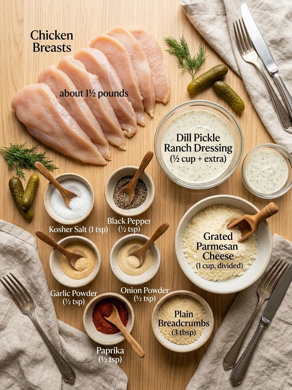 Dill Pickle Parmesan Chicken ingredients arranged for cooking