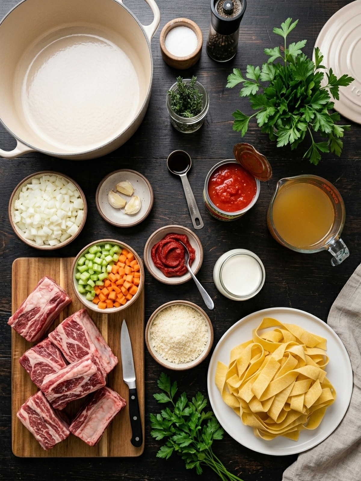 Dutch Oven Short Rib Ragu With Pappardelle ingredients arranged for cooking