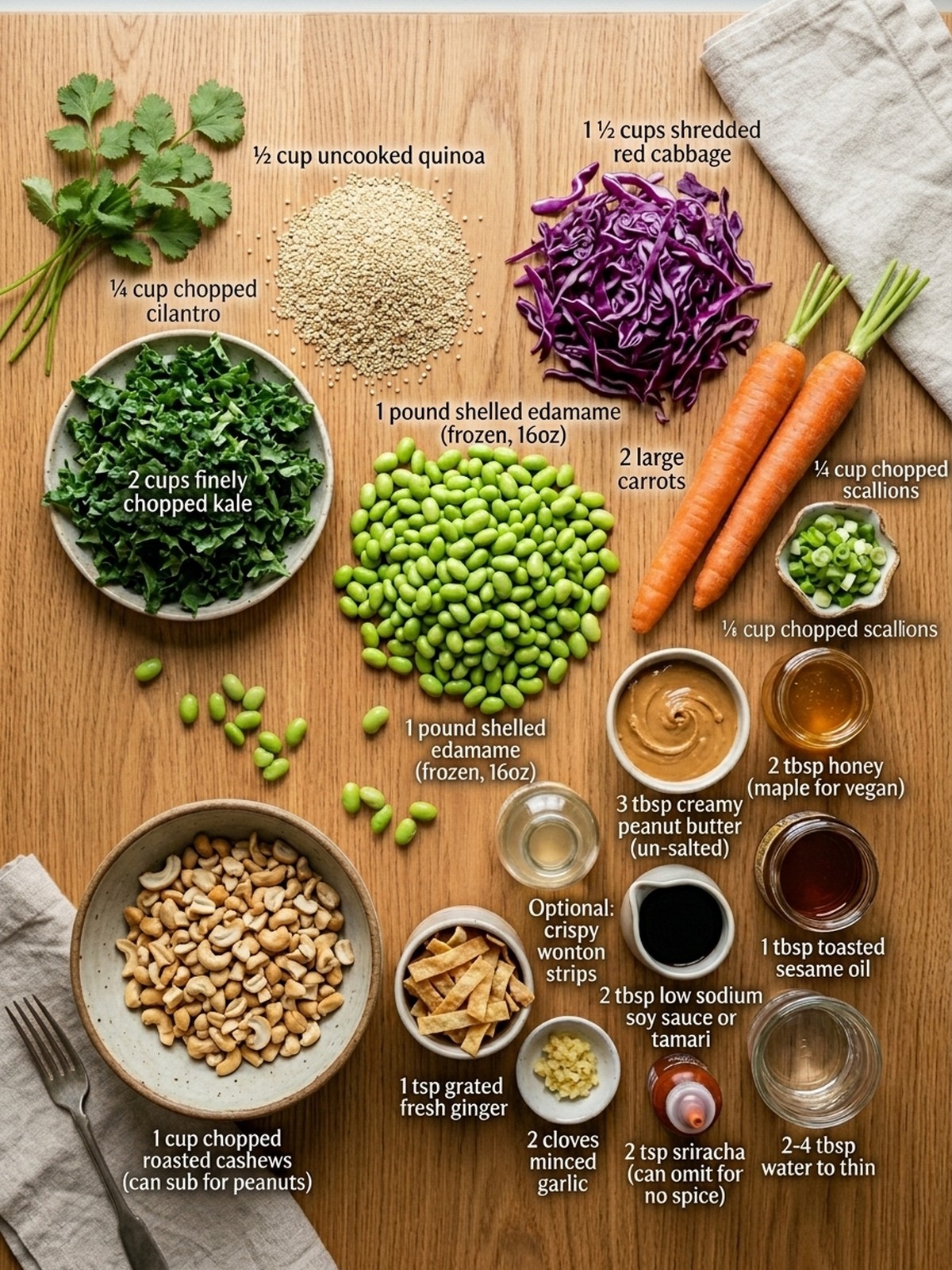 Edamame Peanut Crunch Salad ingredients arranged for cooking