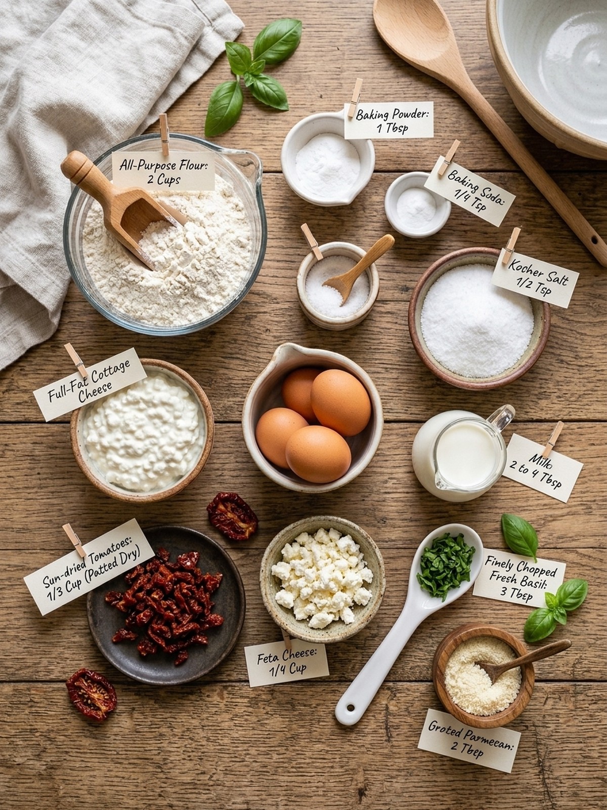 Egg Biscuits ingredients with cottage cheese eggs sun-dried tomatoes feta basil and Parmesan