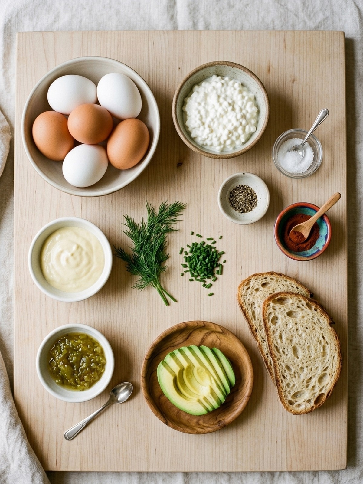 Egg Salad with Cottage Cheese ingredients arranged for cooking