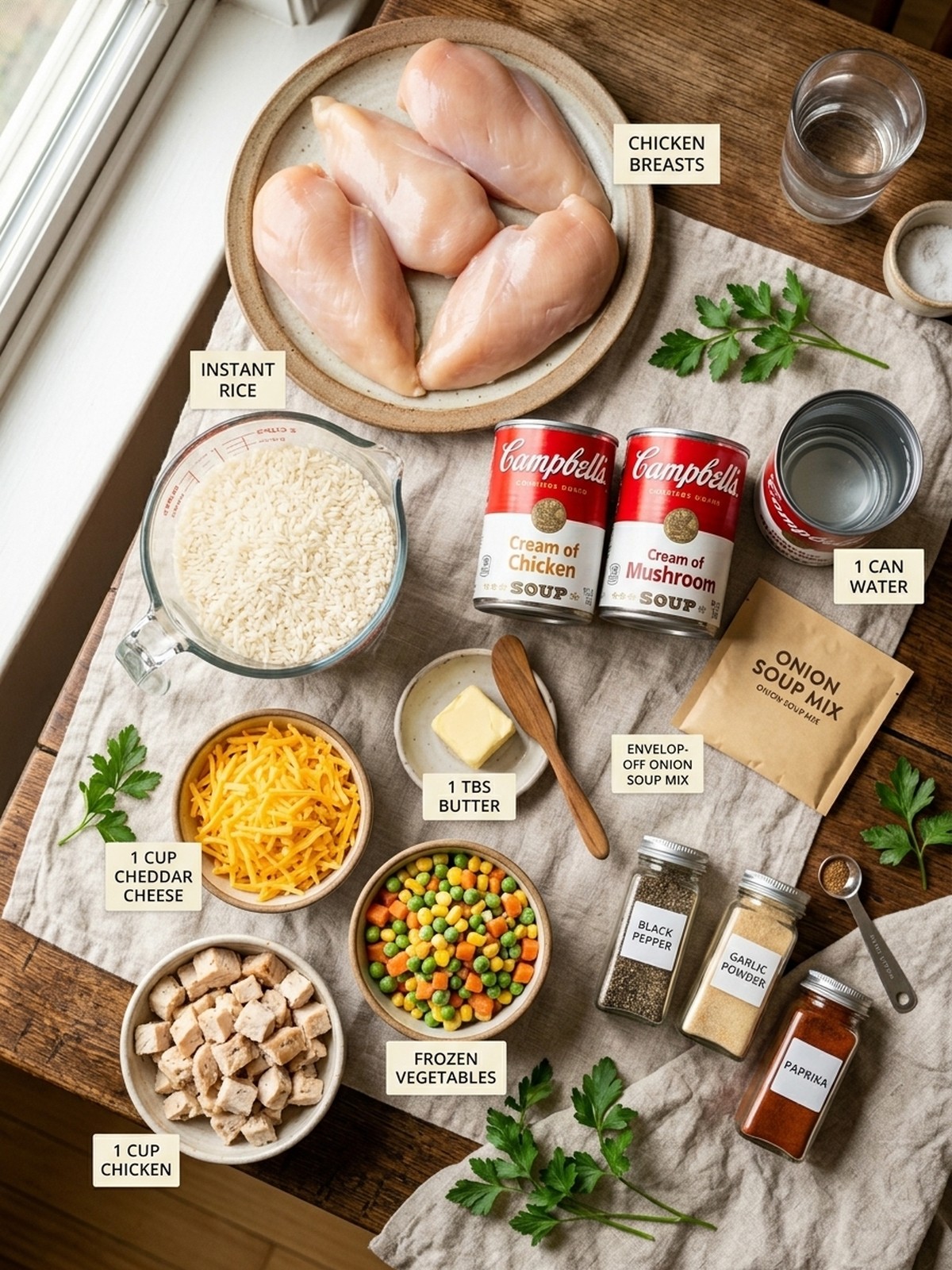 Forgotten Chicken And Rice ingredients arranged for cooking