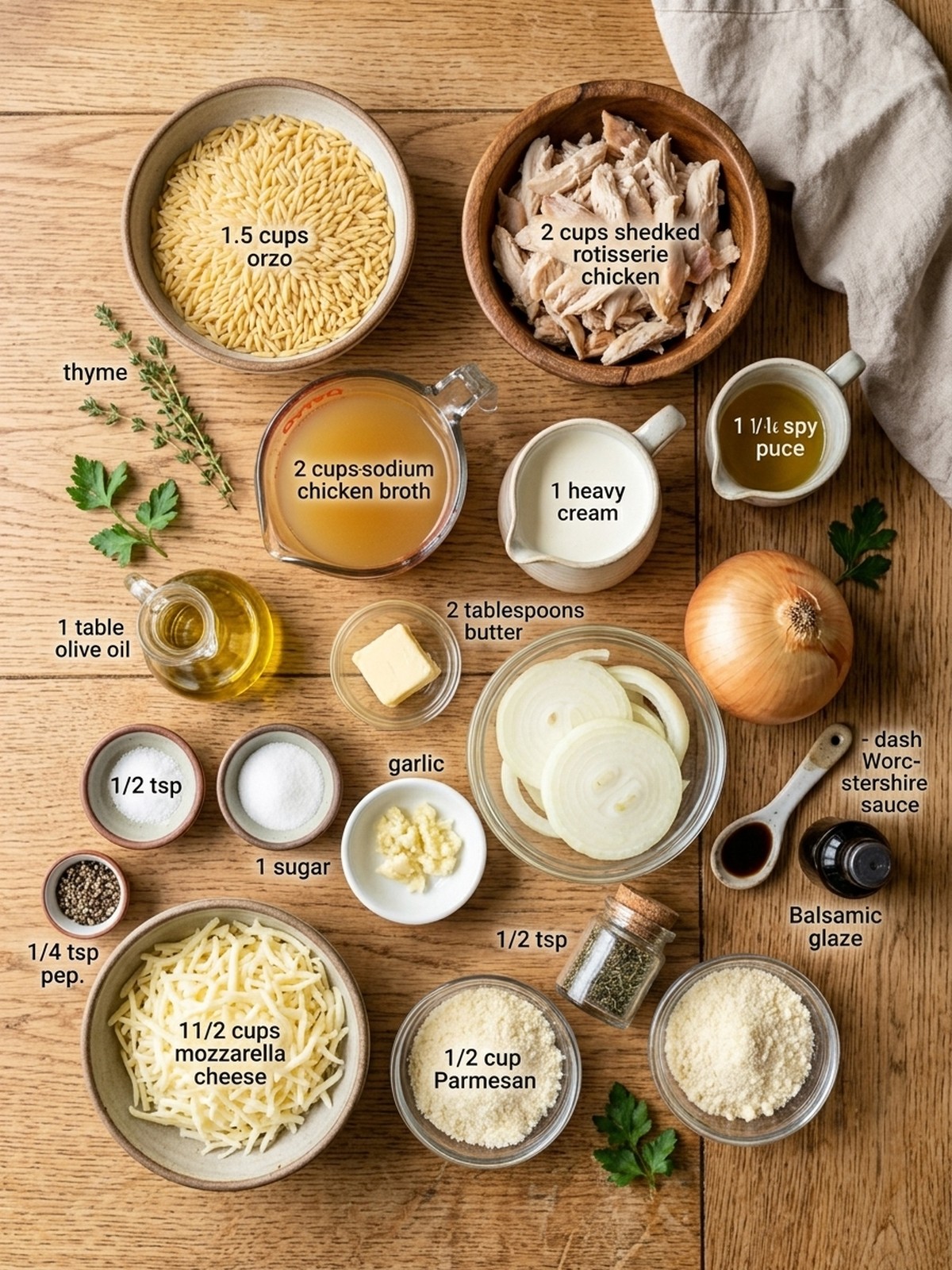 French Onion Chicken Orzo Casserole ingredients arranged for cooking