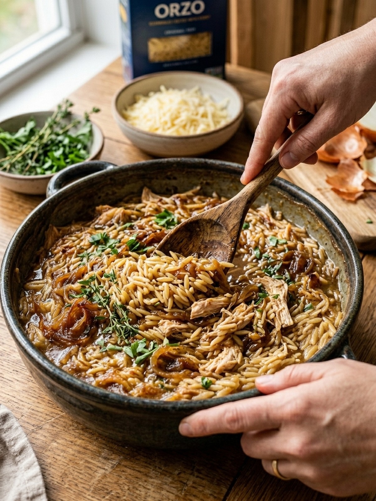 Step by step preparation of French Onion Chicken Orzo Casserole
