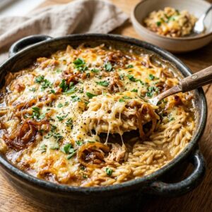 French Onion Chicken Orzo Casserole