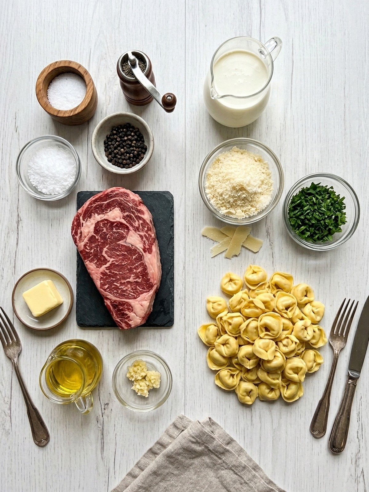 Garlic Butter Steak with Cheesy Alfredo Tortellini ingredients arranged for cooking