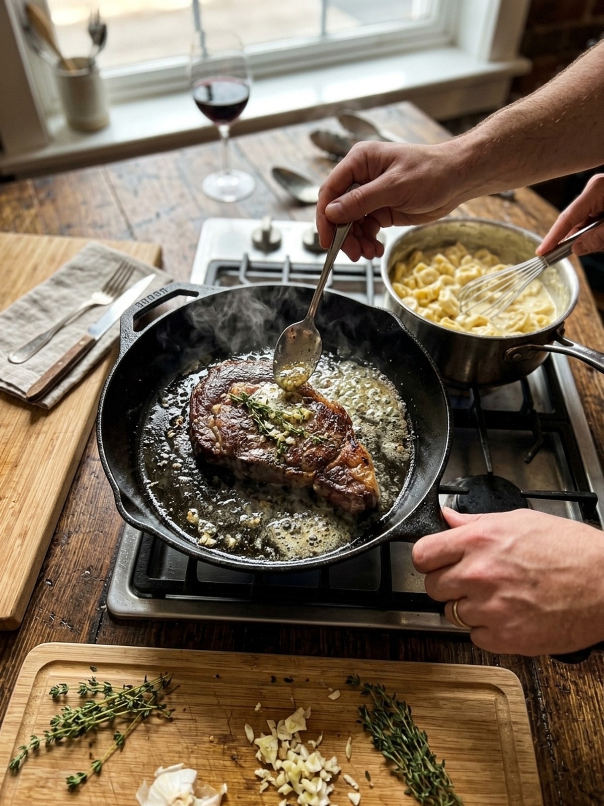 Step by step preparation of Garlic Butter Steak with Cheesy Alfredo Tortellini
