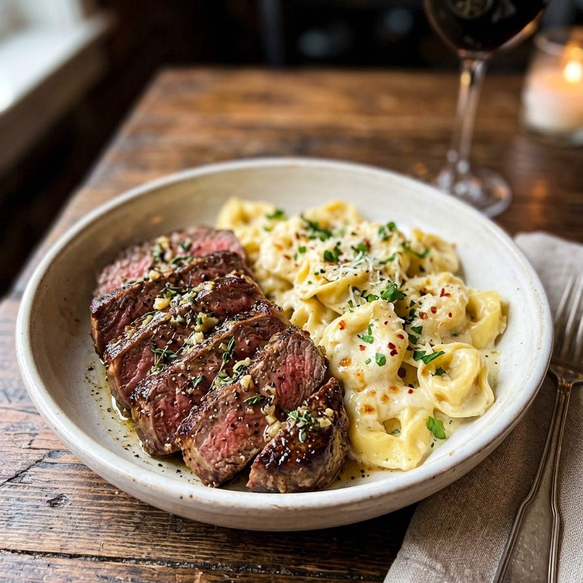 Garlic Butter Steak With Cheesy Alfredo Tortellini