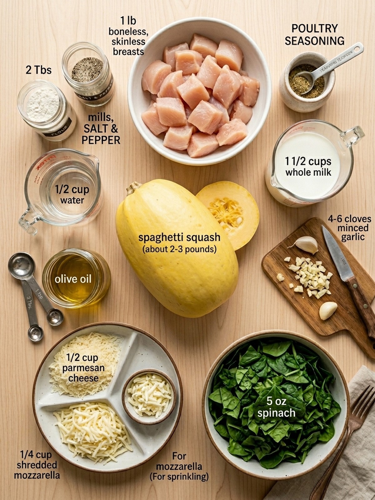 Garlic Chicken and Spinach Spaghetti Squash ingredients arranged for cooking