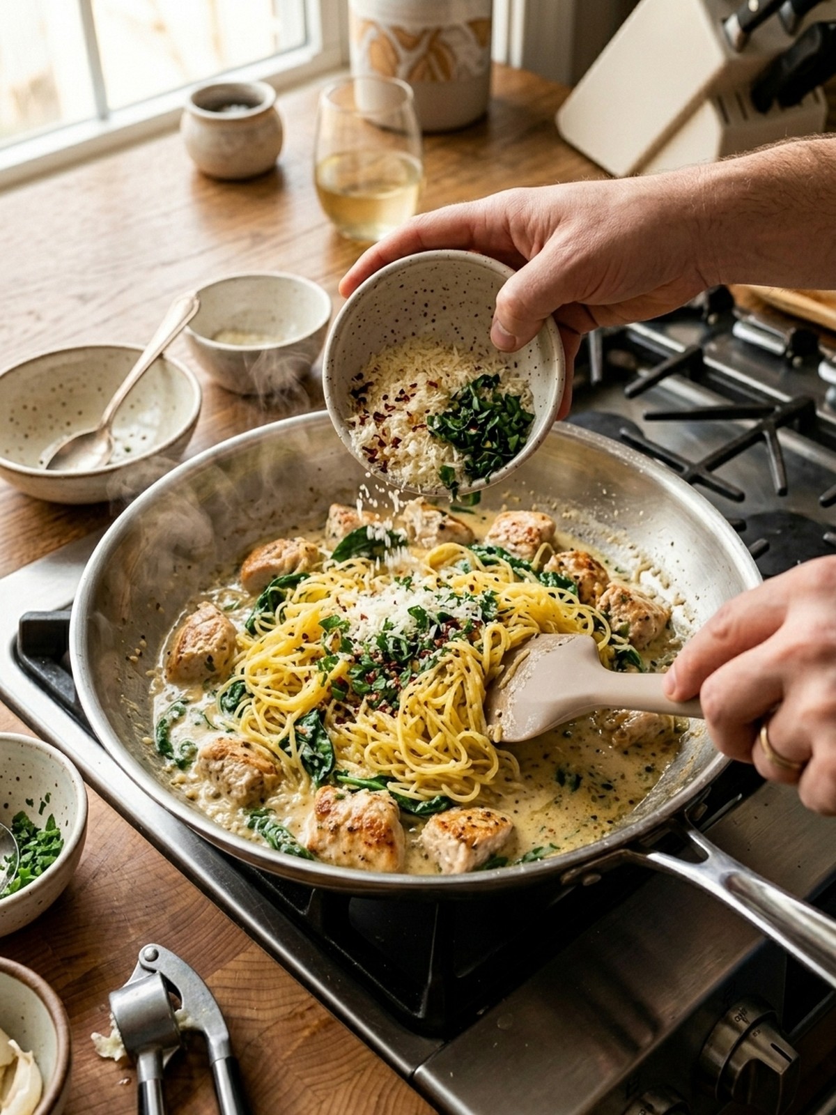 Step by step preparation of Garlic Chicken and Spinach Spaghetti Squash