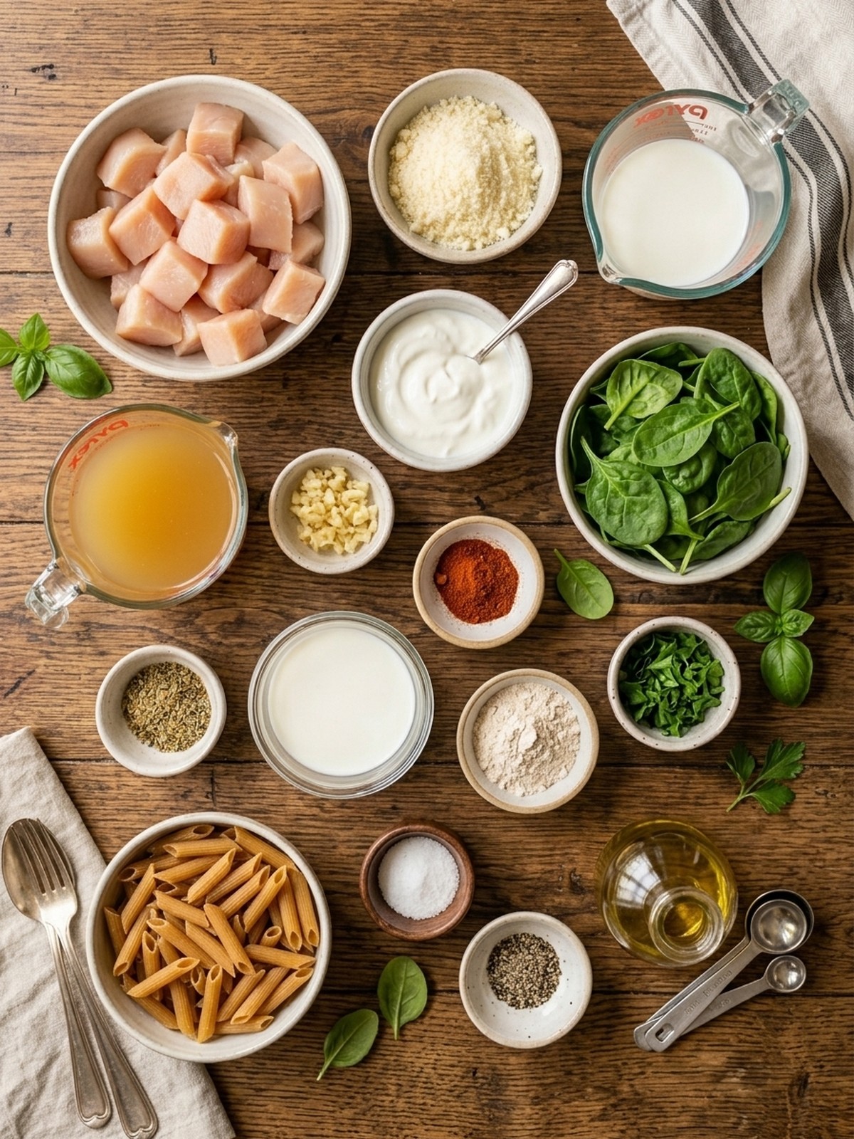 Garlic Parmesan Chicken Pasta Recipe ingredients arranged for cooking