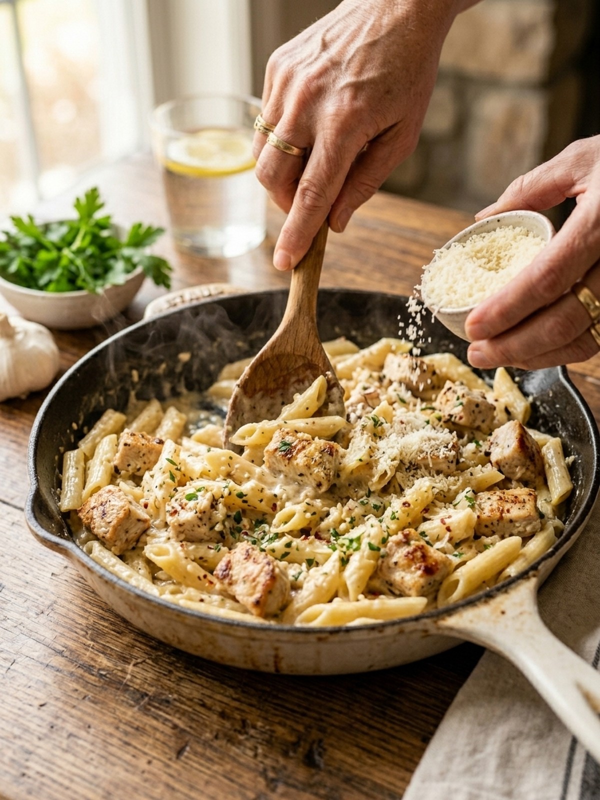 Step by step preparation of Garlic Parmesan Chicken Pasta Recipe