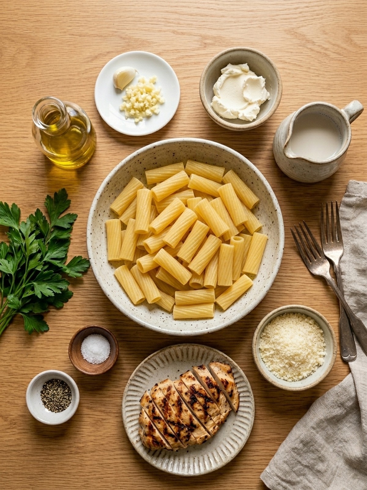 Garlic Parmesan Pasta Bowls ingredients arranged for cooking