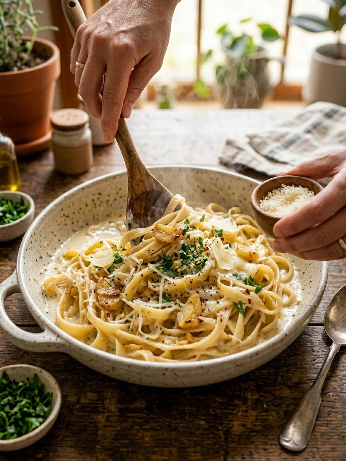 Step by step preparation of Garlic Parmesan Pasta Bowls