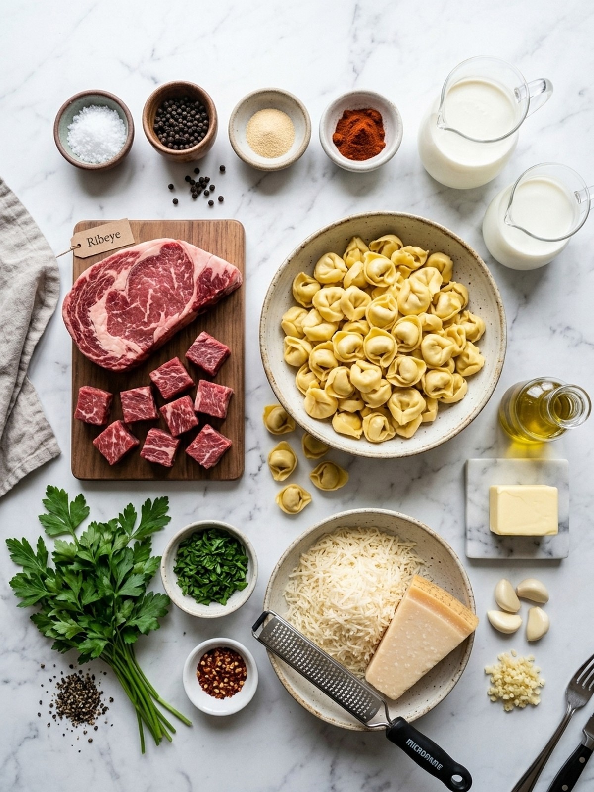 Garlic Steak Tortellini ingredients arranged for cooking