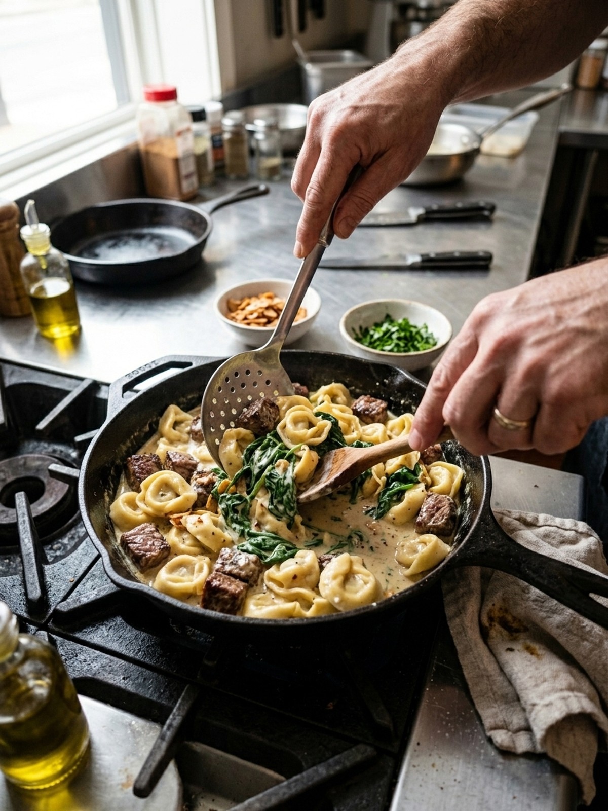 Step by step preparation of Garlic Steak Tortellini