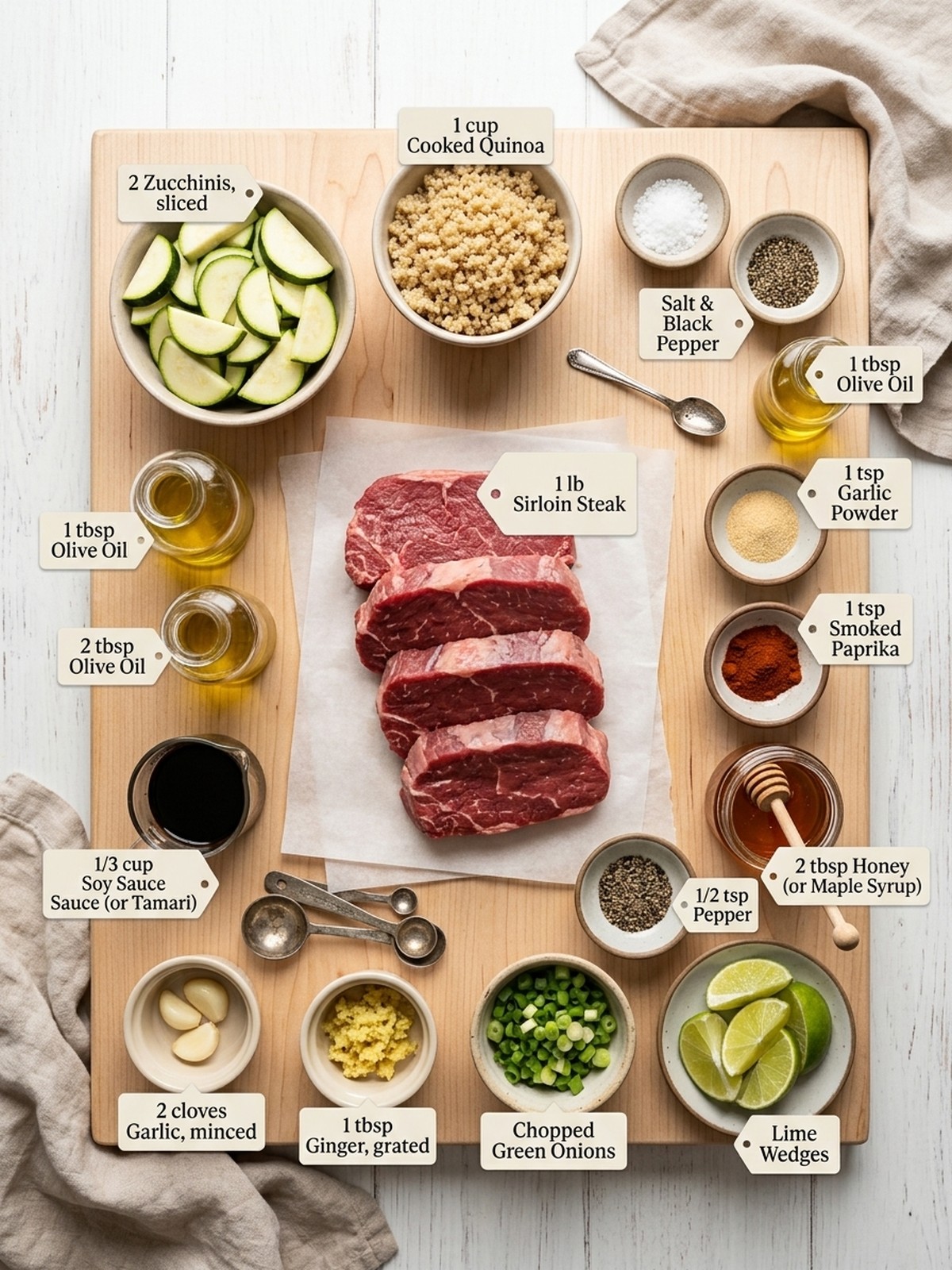Grilled Steak Bowl With Zucchini ingredients arranged for cooking