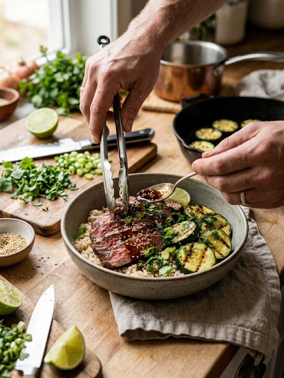 Step by step preparation of Grilled Steak Bowl With Zucchini