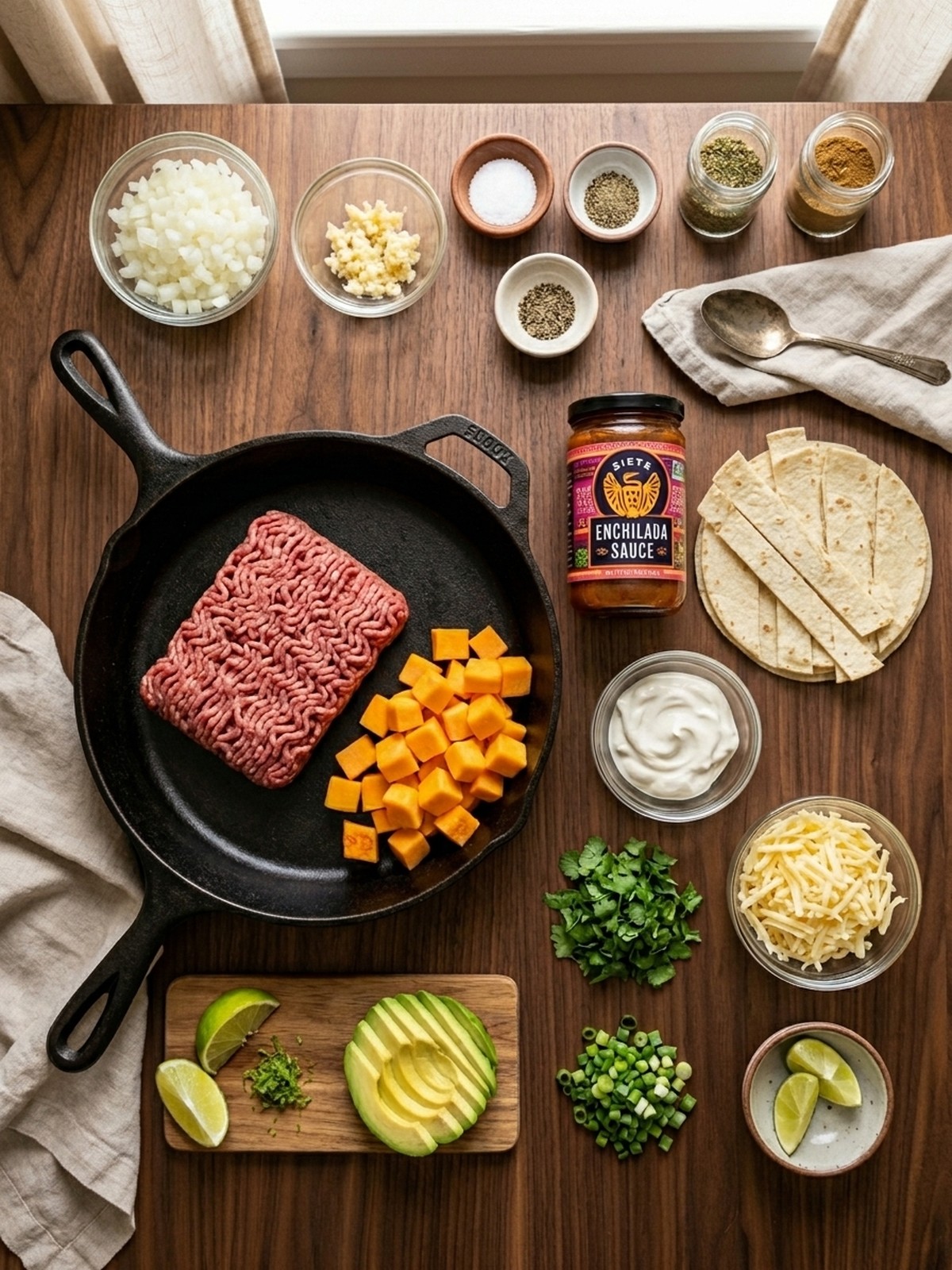 Ground Beef Enchilada Skillet ingredients arranged for cooking
