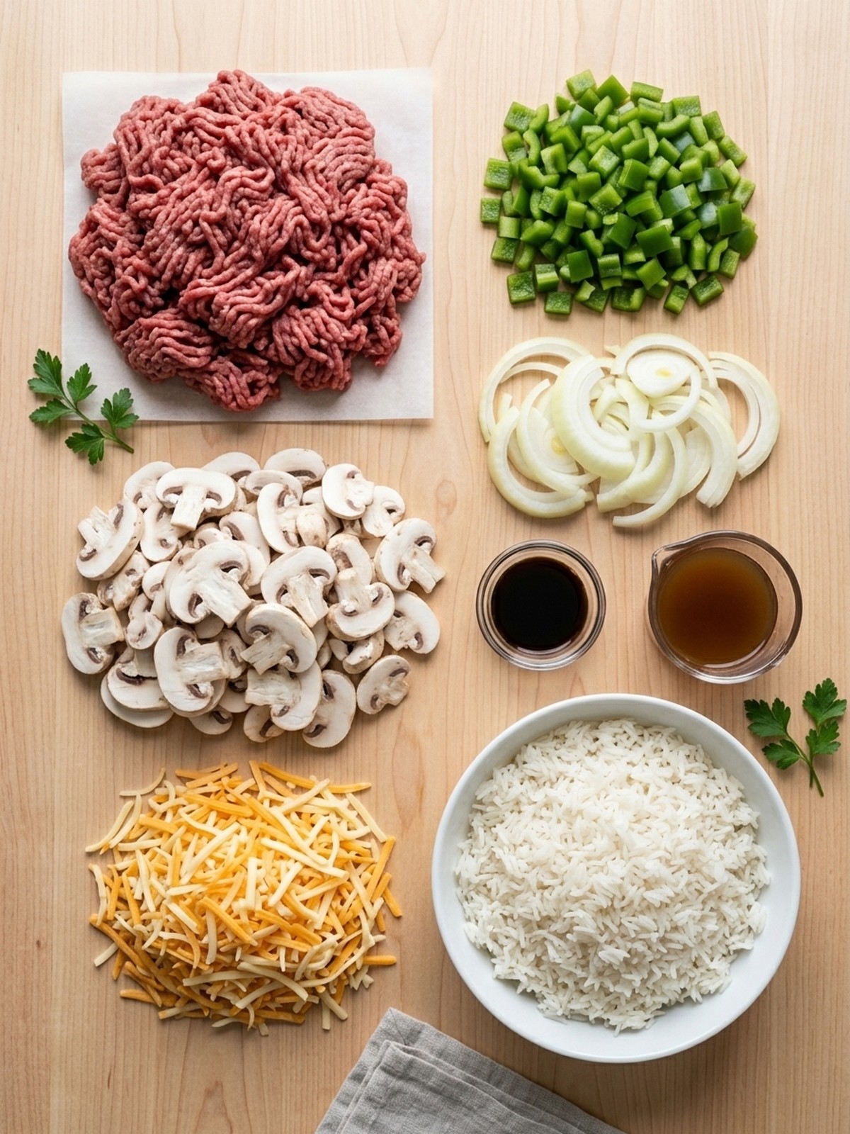 Ground Beef Philly Cheesesteak Meal Prep ingredients arranged for cooking