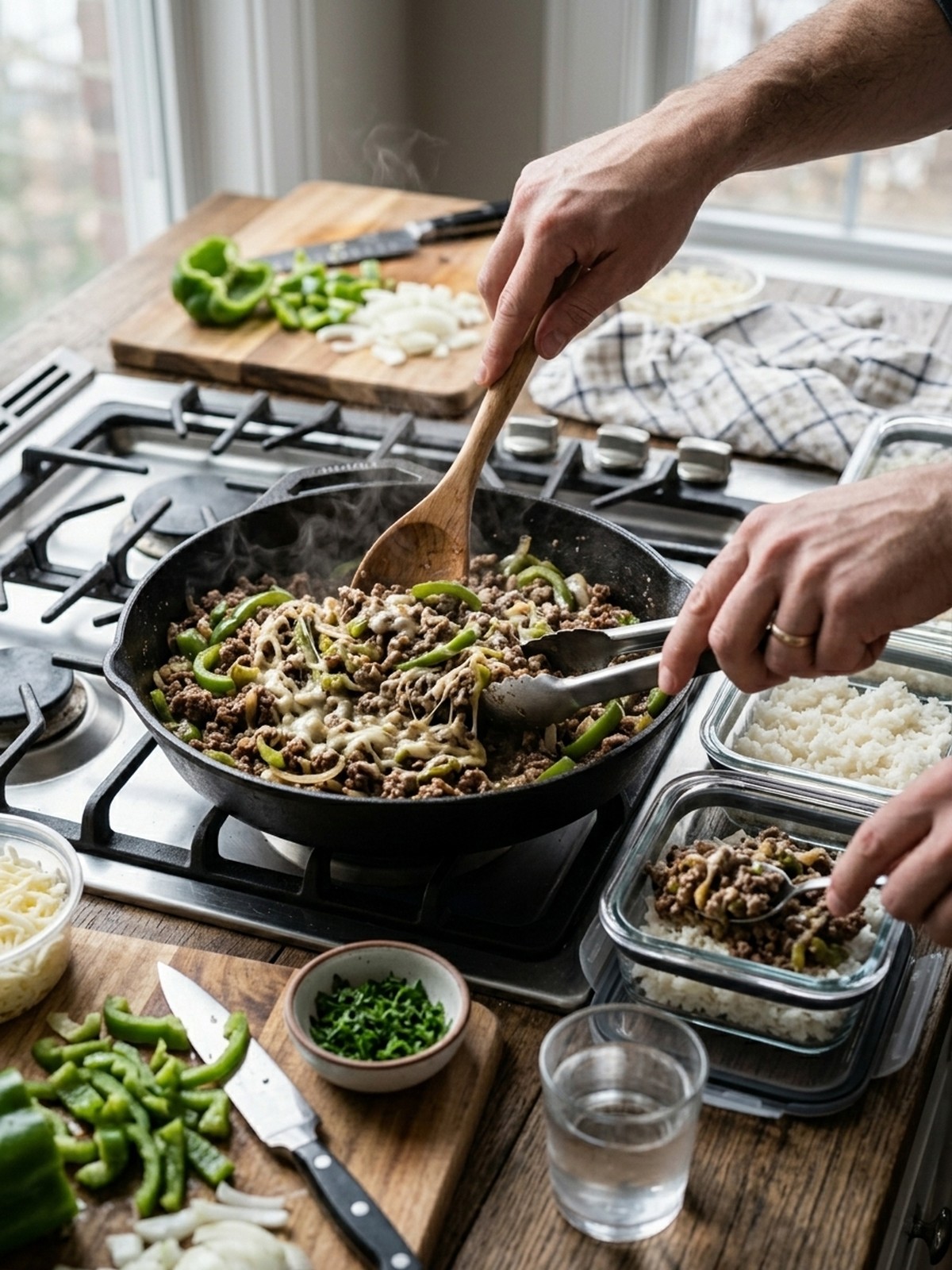 Step by step preparation of Ground Beef Philly Cheesesteak Meal Prep