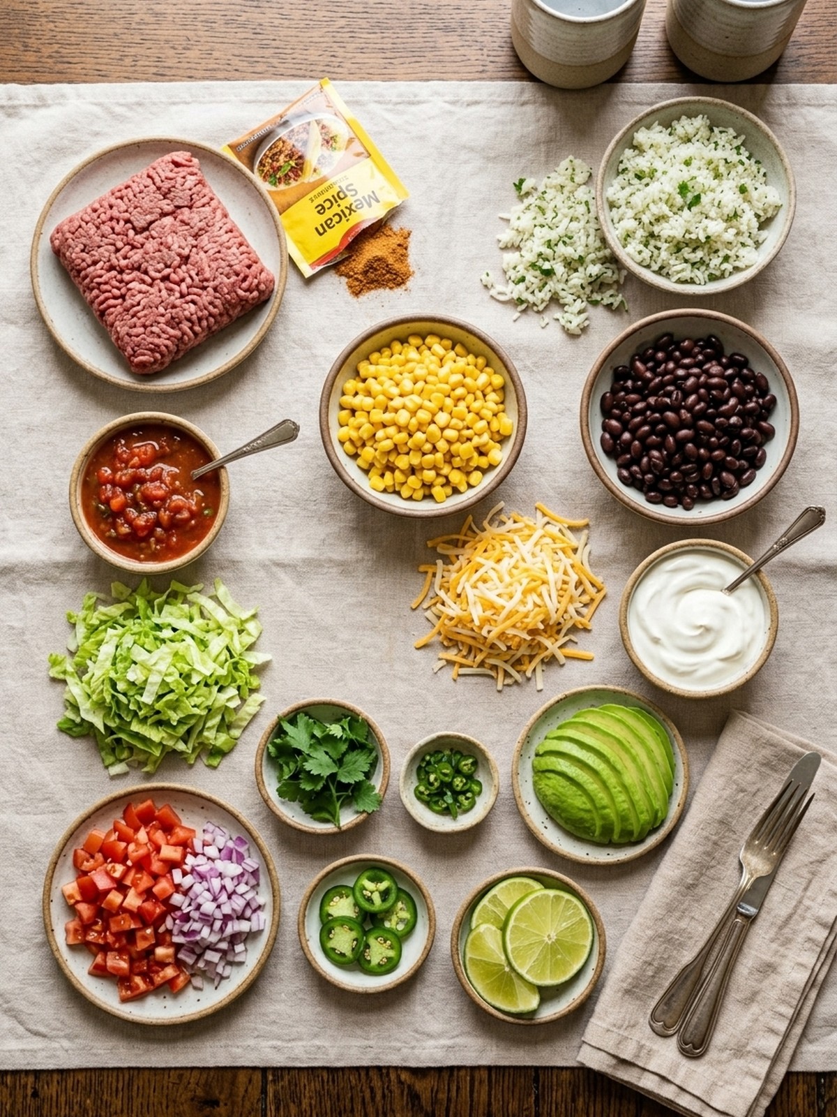 Ground Beef Taco Bowl ingredients arranged for cooking
