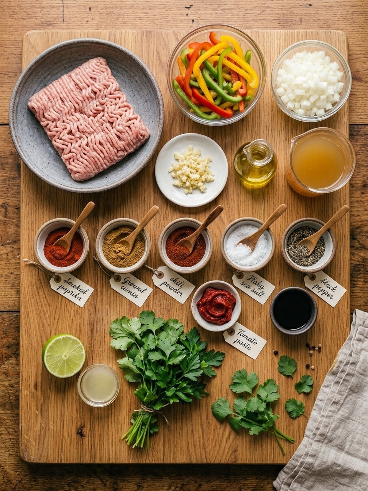 Ground Turkey And Peppers ingredients arranged for cooking