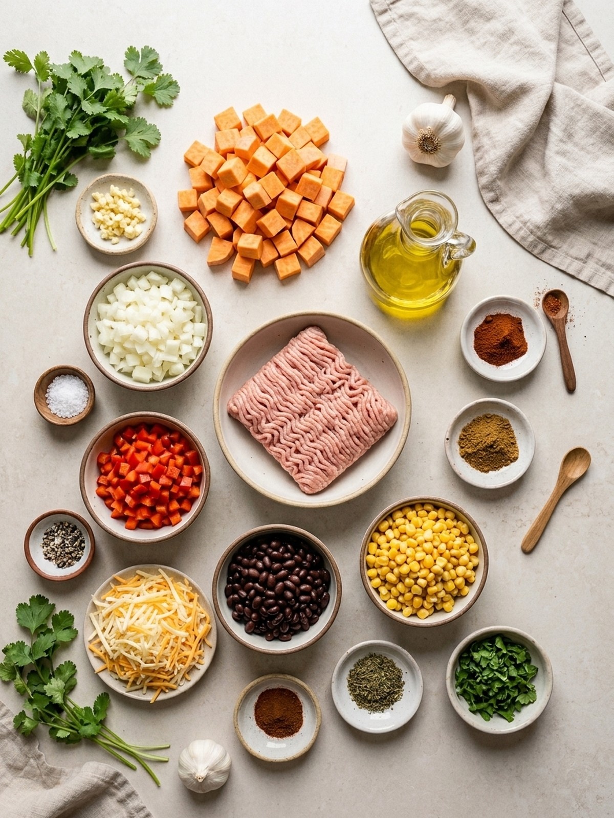 Ground Turkey Sweet Potato Bake ingredients arranged for cooking