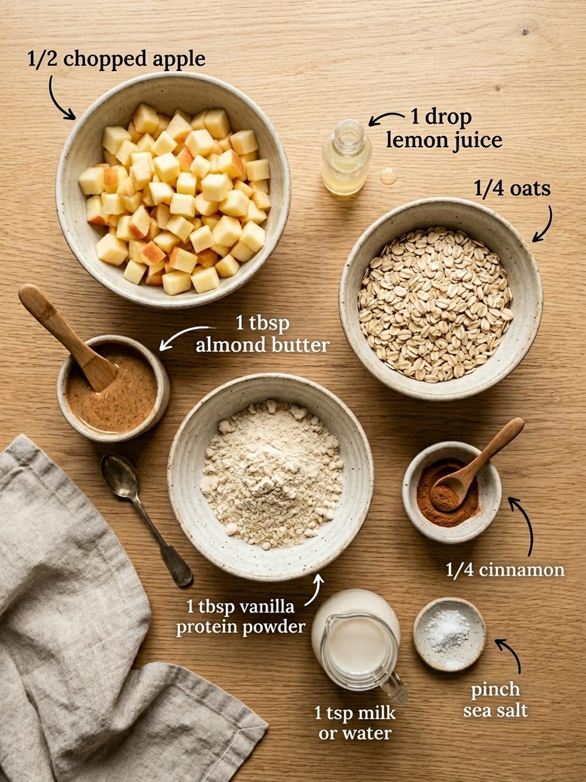 High Protein Apple Crisp ingredients with diced apple oats protein powder and nut butter