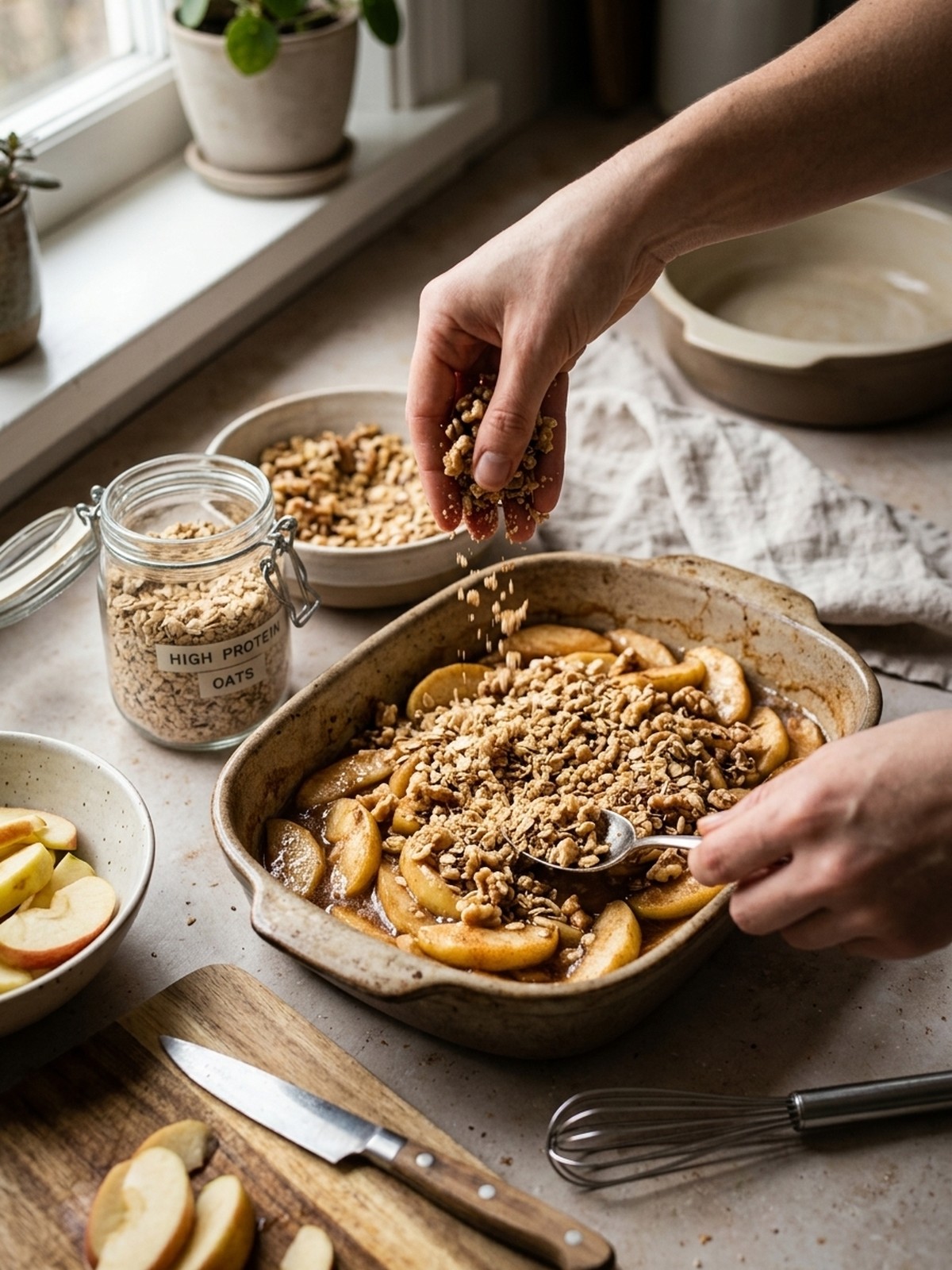 Step by step preparation of High Protein Apple Crisp in a small ramekin