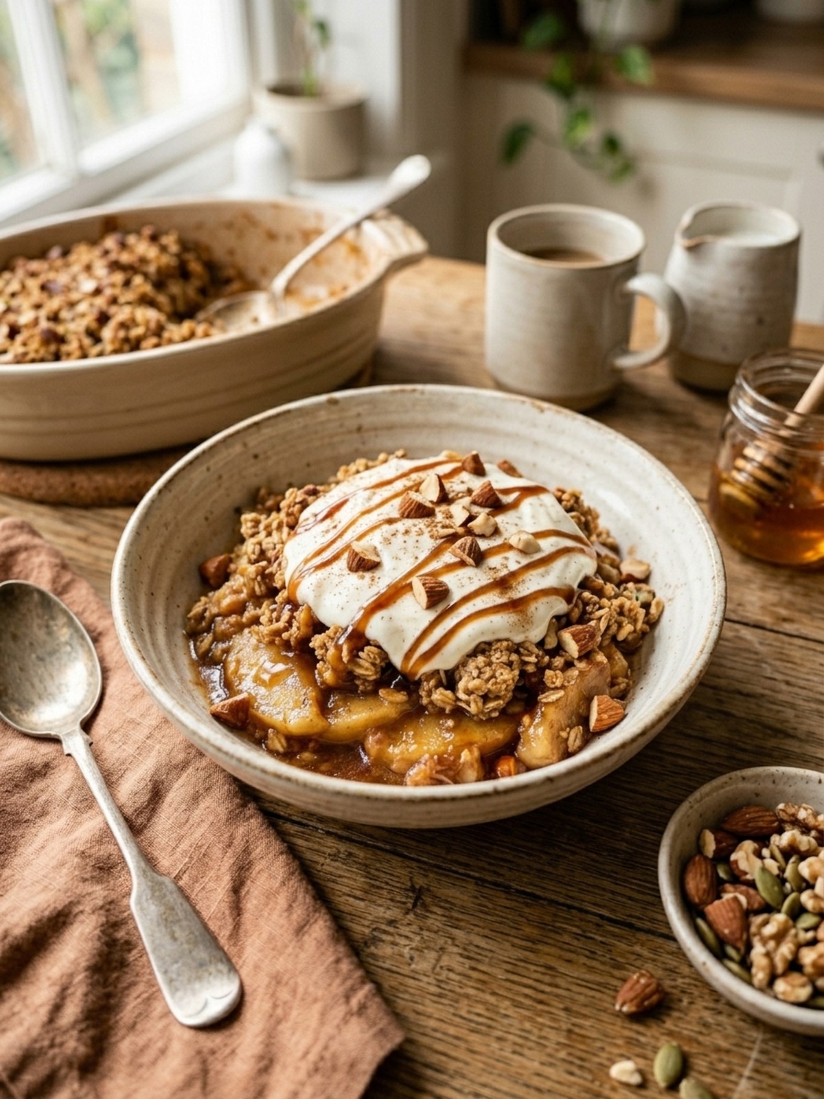 Warm High Protein Apple Crisp served with cozy topping and variation ideas