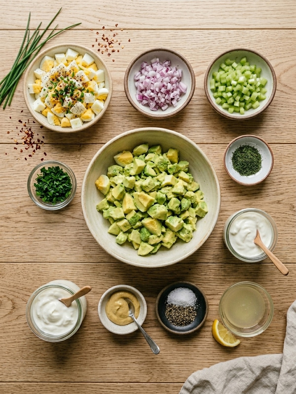 High Protein Avocado Egg Salad Recipe ingredients arranged for cooking